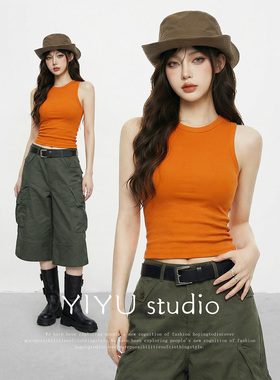 【伊予YiYu】美式辣妹工字背心套装女夏橙色无袖上衣设计感两件套