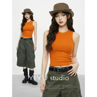 【伊予YiYu】美式辣妹工字背心套装女夏橙色无袖上衣设计感两件套