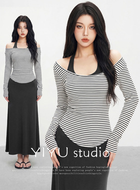 【伊予YiYu】纯欲风辣妹穿搭长袖条纹T恤上衣内搭挂脖连衣裙套装