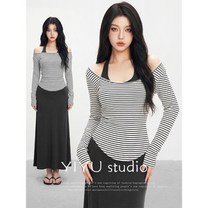 【伊予YiYu】纯欲风辣妹穿搭长袖条纹T恤上衣内搭挂脖连衣裙套装