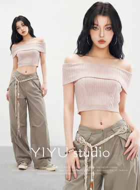 伊予YiYu一字肩毛织衫短款收腰短款辣妹上衣美式工装低腰阔腿裤女