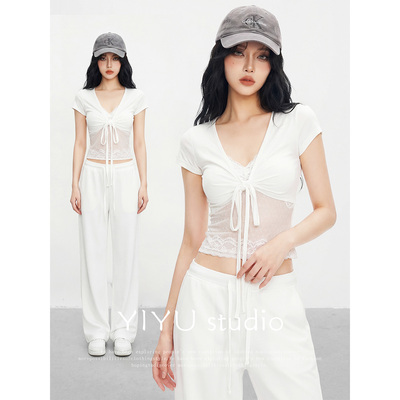 春季辣妹V领蝴蝶结阔腿套装