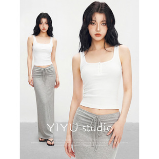 【伊予YiYu】美式复古辣妹背心吊带上衣女修身纯色垂感包臀半身裙