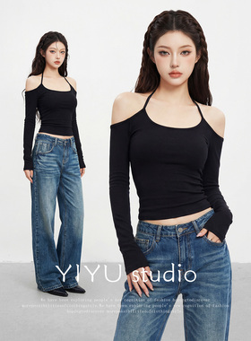 【伊予YiYu】黑色挂脖露肩长袖T恤修身打底衫上衣牛仔裤辣妹套装