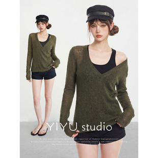 【伊予YiYu】辣妹深V领针织罩衫套装女夏显瘦短裤两件套运动穿搭