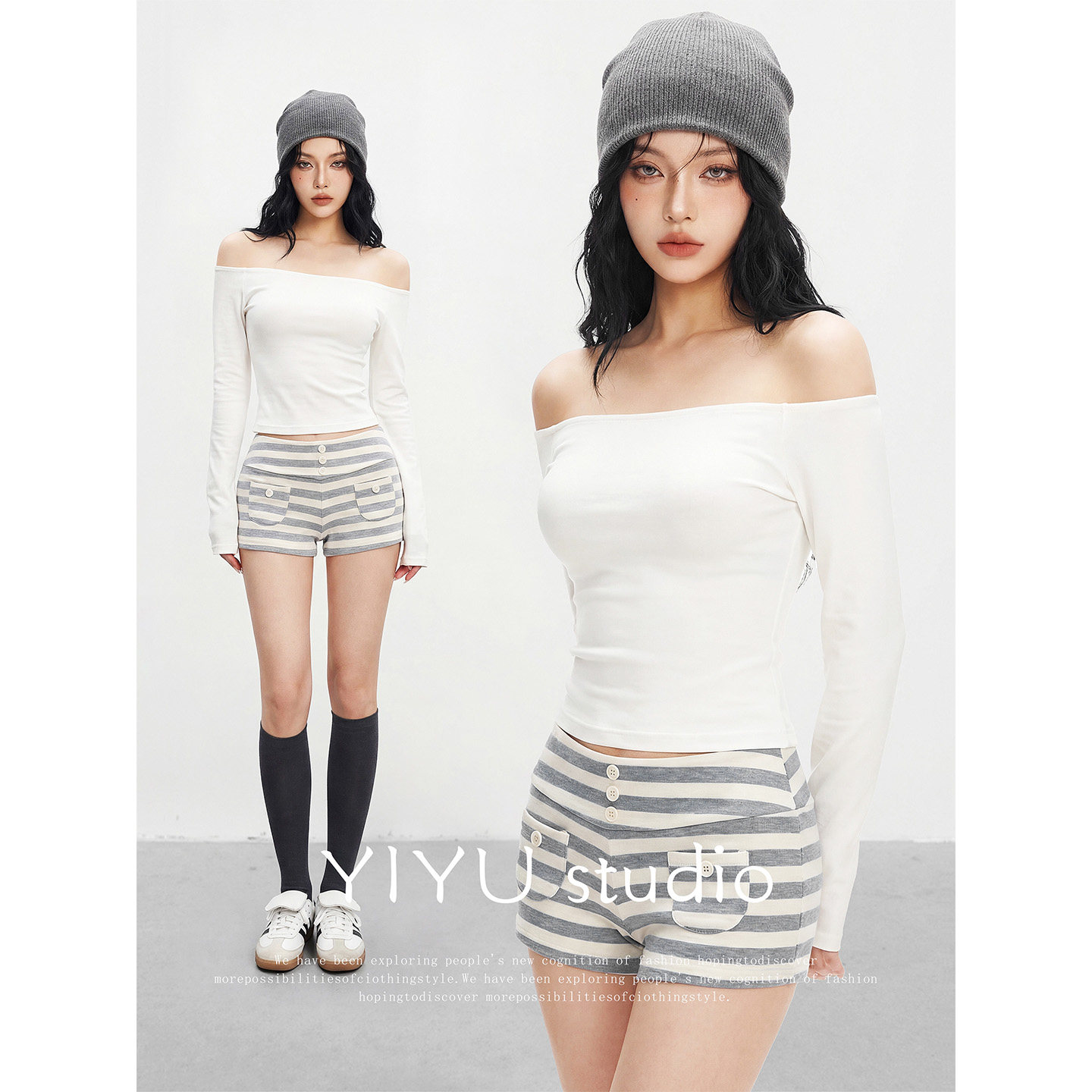 【伊予YiYu】纯欲性感修身一字肩上衣T恤辣妹中低腰条纹针织短裤