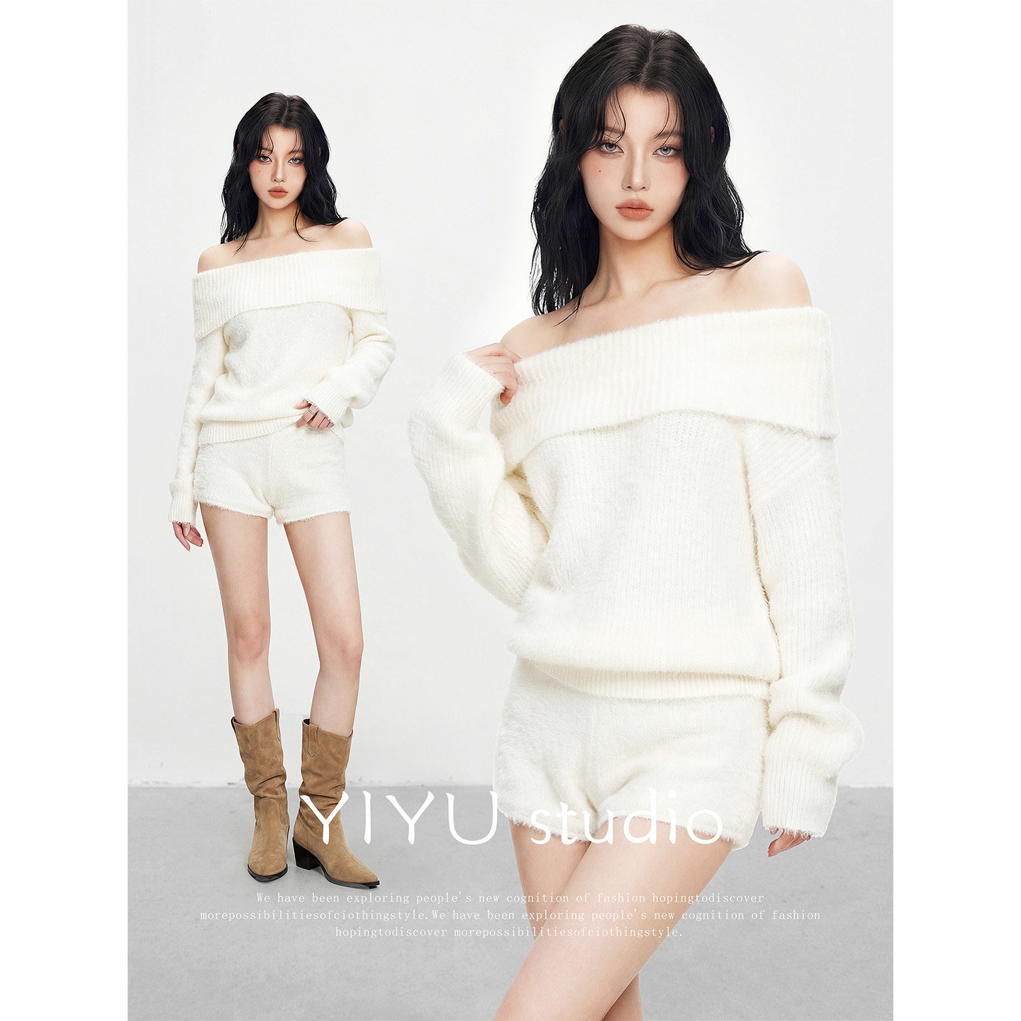 【伊予YiYu】一字肩针织衫套装女早春穿搭软糯百搭毛衣短裤两件套