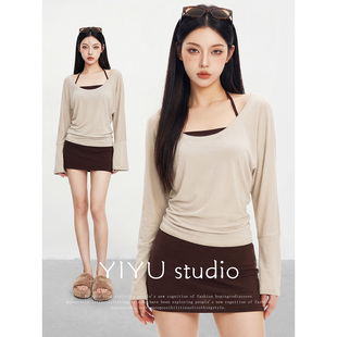 【伊予YiYu】辣妹穿搭针织罩衫纯欲慵懒长袖T恤挂脖背心短裙套装