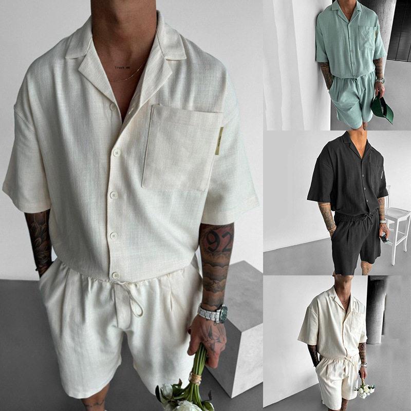 2025夏季男士休闲翻领宽松短袖衬衫五分短裤两件套套装Men's suit