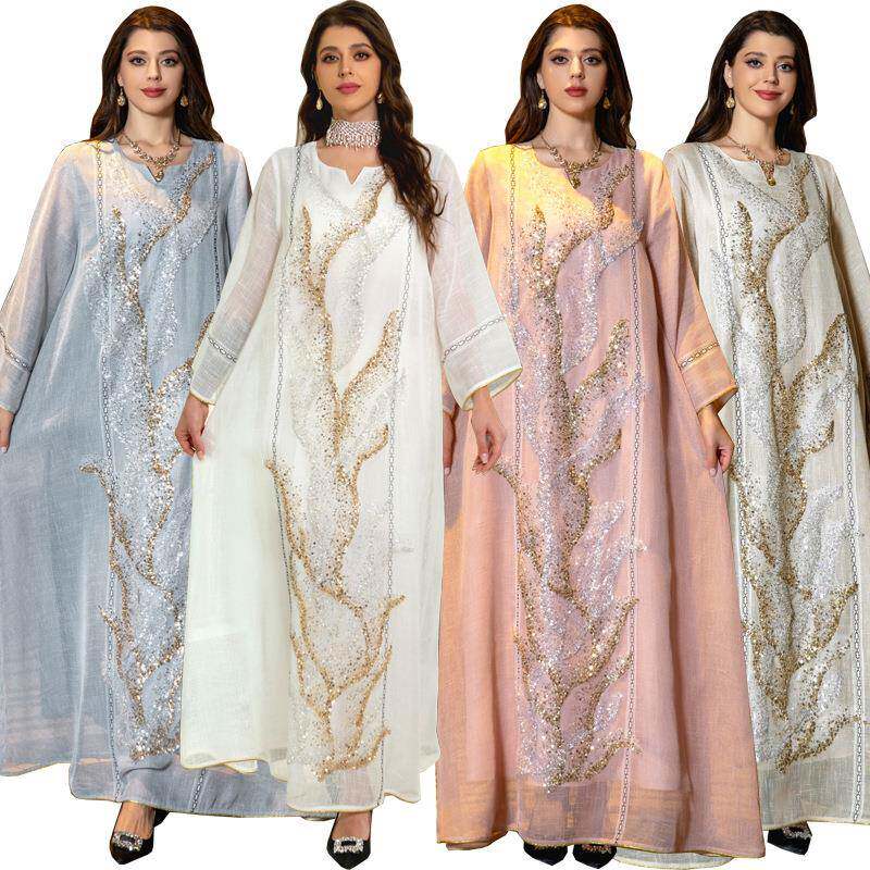 土耳其白色网纱珠片绣花礼服连衣裙气质长袍Dress
