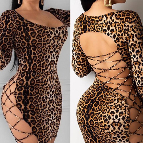 Printed Cutout Slim Fit Hip Dress印花镂空修身露背包臀连衣裙