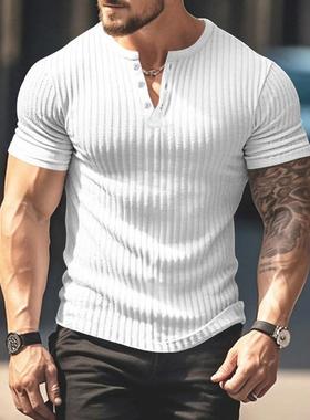 2025夏季新款男士短袖上衣坑条V领修身亨利领T恤潮Men's T-Sh