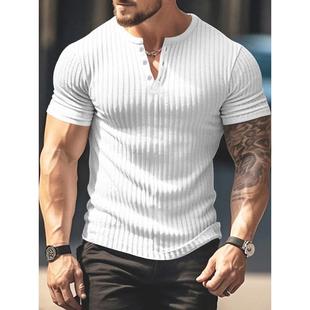 短袖 上衣坑条V领修身 亨利领T恤潮Men& 2025夏季 男士 39;s 新款