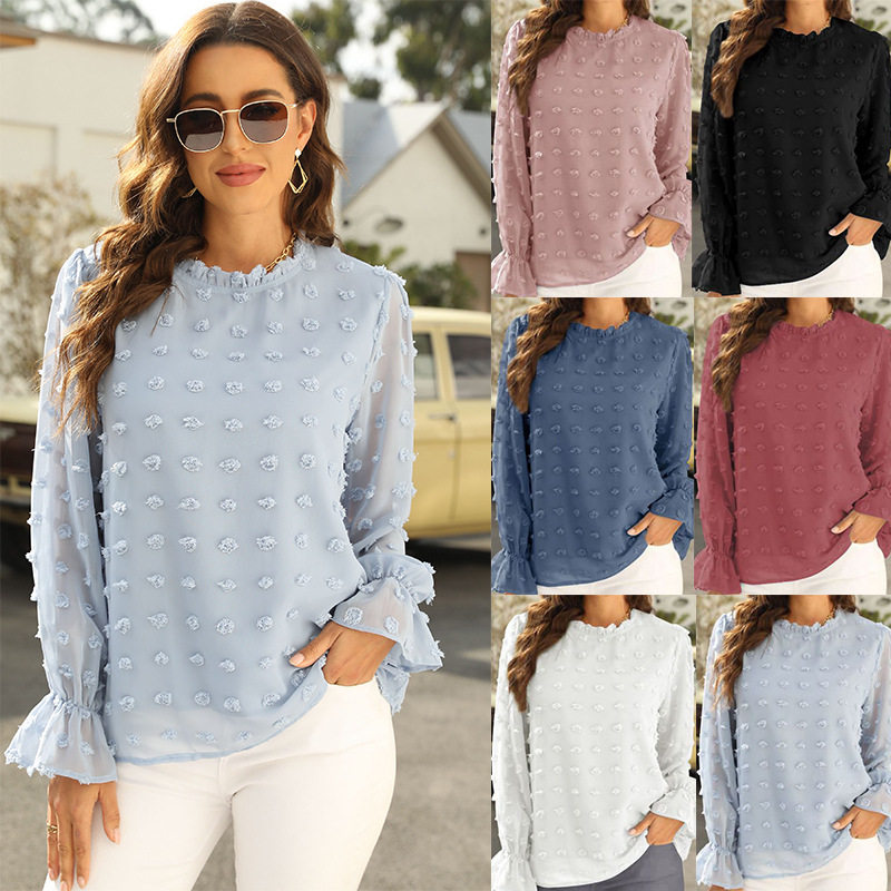 2022 puff long-sleeve chiffon jacquard wool ball top