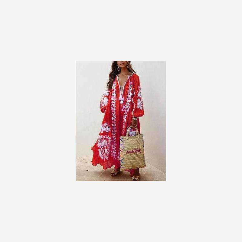 eBay速卖通新款欧美加肥加大码宽松V领长袖印花连衣裙长裙 Dress