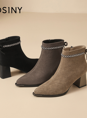 卓诗尼2025冬季粗跟高跟尖头绒面水钻女鞋时装短靴侧拉链靴子女鞋