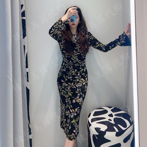 DVF春夏修身双面印花网纱连衣裙
