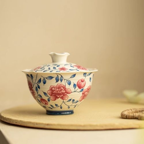 结晶釉缠枝莲牡丹二才盖碗