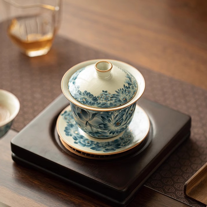 汝窑金万花三才盖碗家用泡茶碗