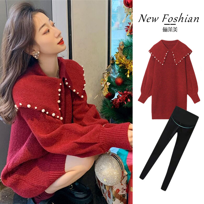 출산 가을 정장 유행 인터넷 연예인 스타일 스웨터 드레스 작은 빨간색 나들이 가을 겨울 투피스 세트