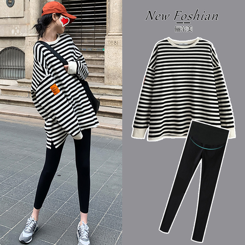 임신 여성의 가을 의류 정장 인터넷 연예인 패션 순수 코튼 스트라이프 탑 스웨트 셔츠 출산 의류 가을 겨울 새 드레스