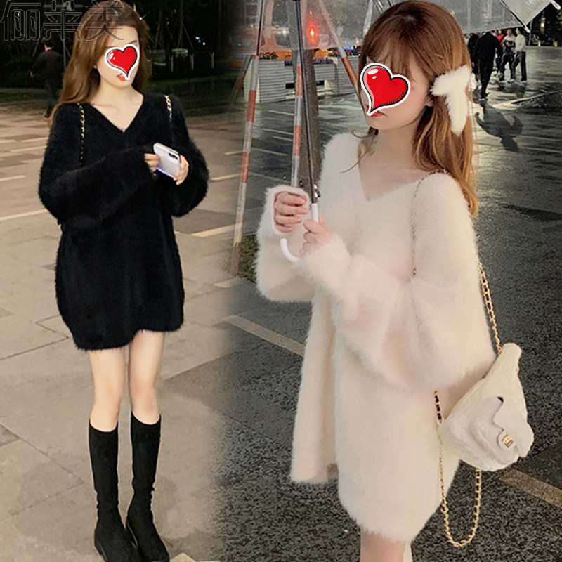 가을 겨울 여성을 위한 고급 게으르고 부드러운 브이넥 모헤어 스웨터 두꺼워진 느슨한 풀오버 니트 출산복