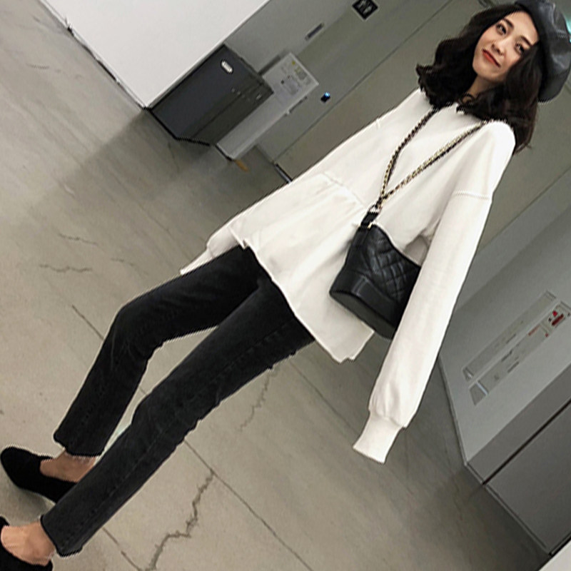 출산 가을 의류 새로운 느슨한 스웨터 패션 중간 길이 A 라인 인형 드레스 바닥 셔츠 유행 엄마 탑 가을
