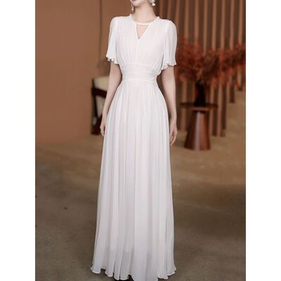 超仙名媛风白色松紧腰显瘦A字裙2025夏季新款年轻漂亮短袖连衣裙