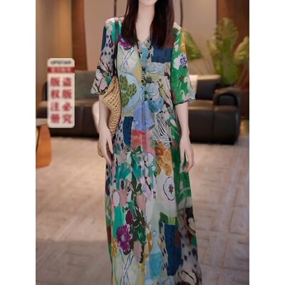 高档时尚简约休闲印花连衣裙2026夏季新款宽松遮肉显瘦百搭A字裙