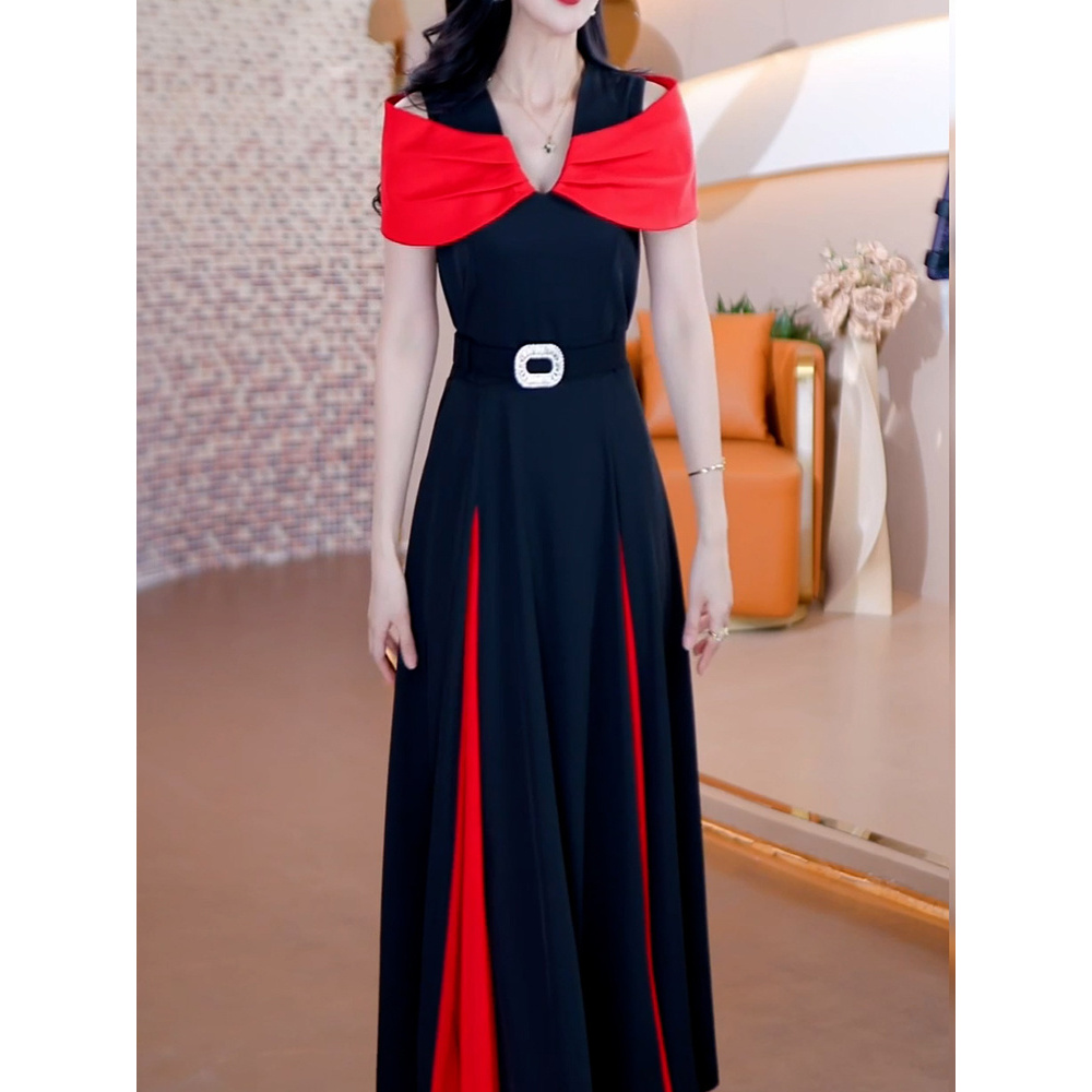 送腰带!高级设计感时尚拼接连衣裙2025夏季新款气质显瘦遮肉A字裙