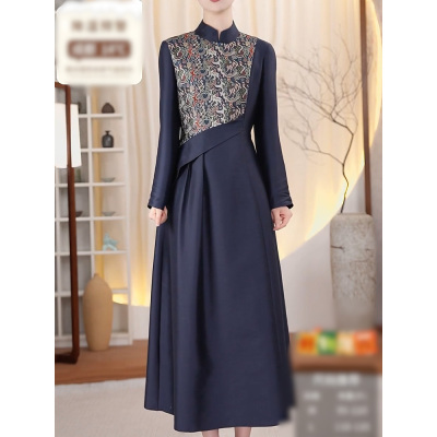 复古文艺风印花拼接立领连衣裙女2026春季新款气质优雅收腰A字裙