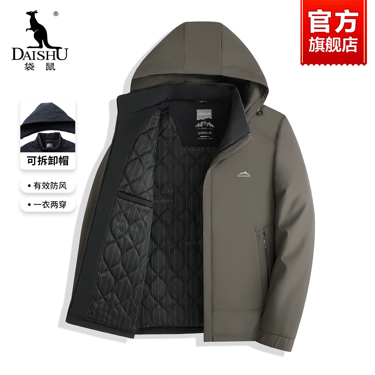 袋鼠棉服男款冬季2025新款中年男士加厚防寒保暖可脱卸帽休闲棉衣