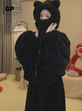 GP可爱黑色加厚珊瑚绒睡衣女2025新款秋冬季连帽保暖可外穿家居服