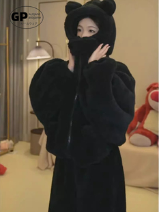 GP可爱黑色加厚珊瑚绒睡衣女2025新款秋冬季连帽保暖可外穿家居服