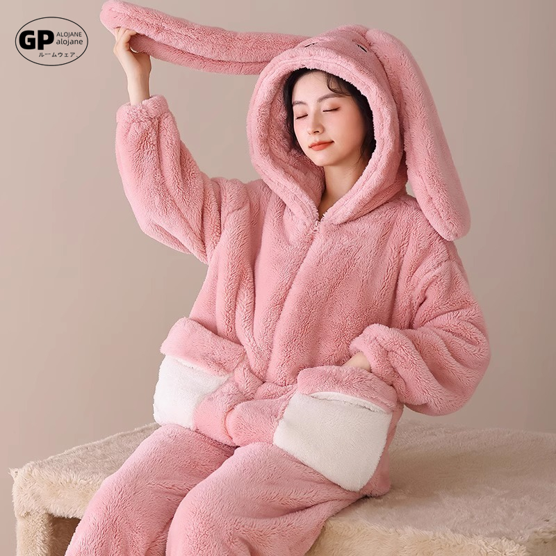 粉色加绒加厚珊瑚绒睡衣女