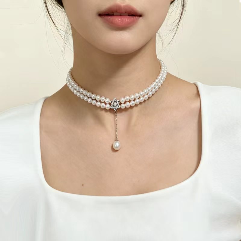 天然淡水珍珠双层项链 遮颈部疤痕颈纹 可调节choker气质锁骨链女