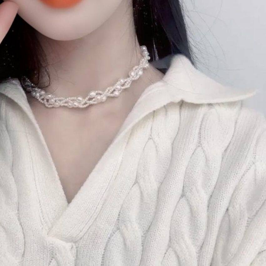天然三层缠绕麻花珍珠项链女 S925银编织多层叠戴锁骨choker颈链