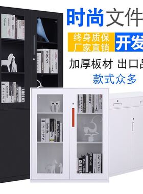 精品纯黑白色铁皮文件柜资料带锁矮柜玻璃员工办公室储物更衣柜子