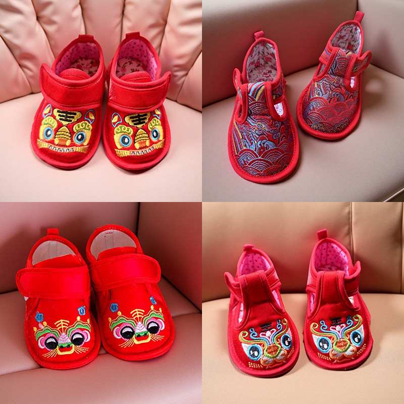 红色周岁鞋学步鞋虎头鞋婴儿步前鞋凉鞋软布底防滑千层底鞋子