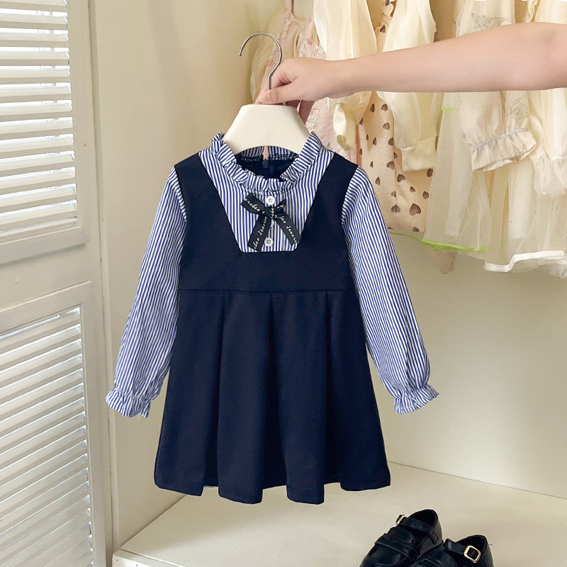 女童长袖连衣裙2025春秋季新款儿童时尚条纹衬衫公主裙两件套