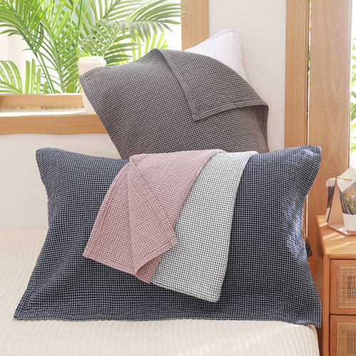 纯棉枕巾纱布日式格一对装