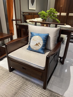 新中式 实木小户型冬夏两用客厅布艺沙发 乌金木布皮结合实木沙发