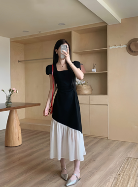 NN | 2025女夏秋新款赫本风黑色长款拼接方领收腰显瘦法式连衣裙