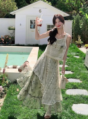 NN | 2025新款韩版女装波西米亚风碎花吊带连衣裙长裙三件套