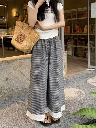 NN | 2026新款蕾丝花边格子阔腿裤裙子女夏薄款垂感韩版直筒裤