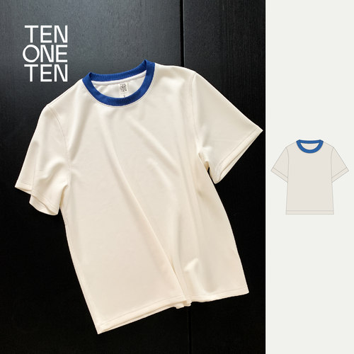 TEN ONE TEN 纯色短袖T恤白蓝拼色正肩微廓版型