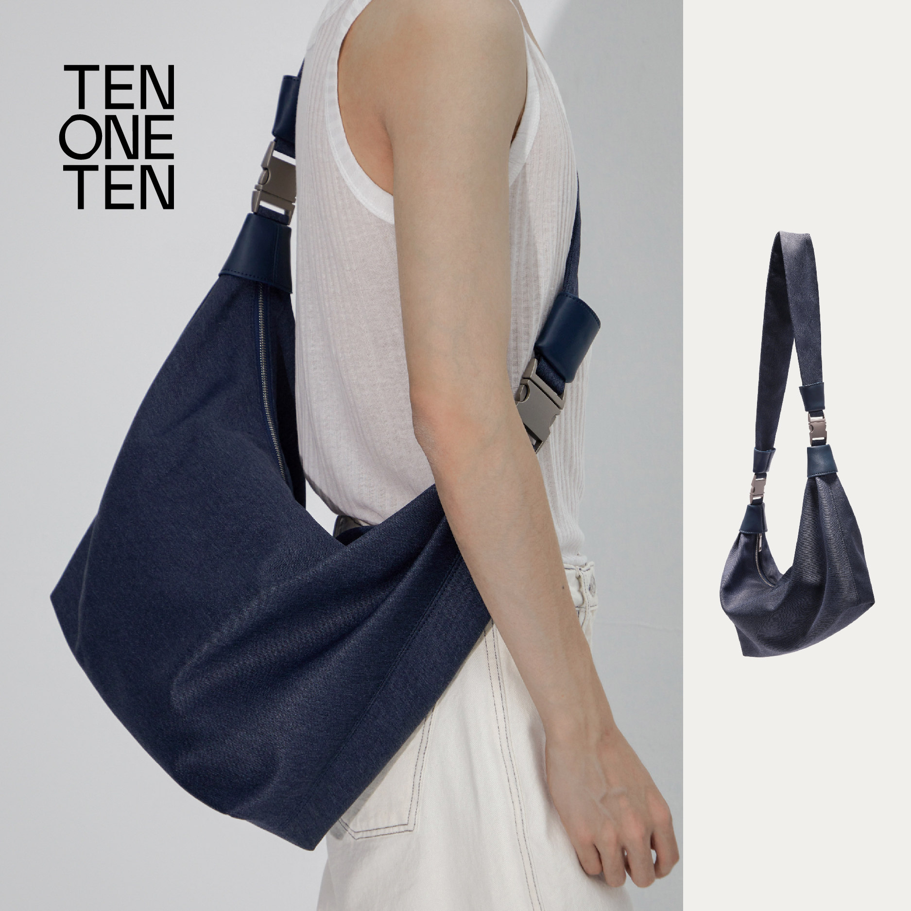 TEN ONE TEN/田文田原创设计实用的超大牛仔色单肩斜挎手提饺子包