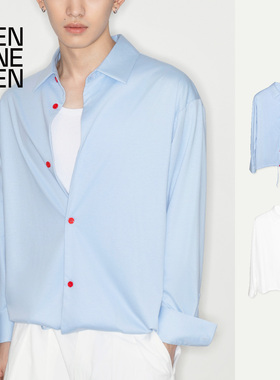 TEN ONE TEN 桑蚕丝凉感男女同款蓝色白色衬衫