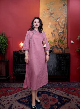 【茶青桃夭】复古修身显瘦气质中国风亚麻中长款连衣裙YK1682