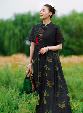 羊在在正品刺绣连衣裙夏季舒适印花苎麻中式旗袍宽松显瘦裙GY1572